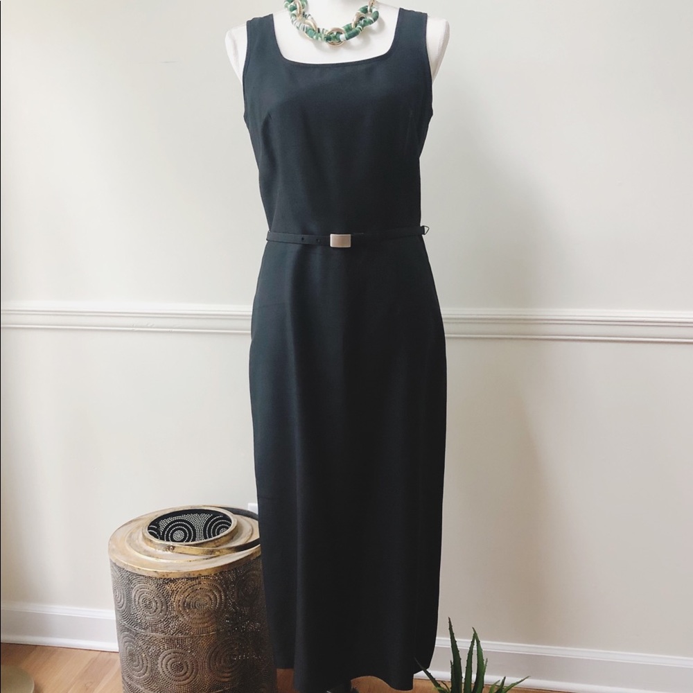 Ann Taylor black silk shantung belted dress.